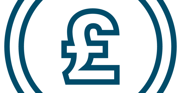 Blue pound sign in shape of a pound coin